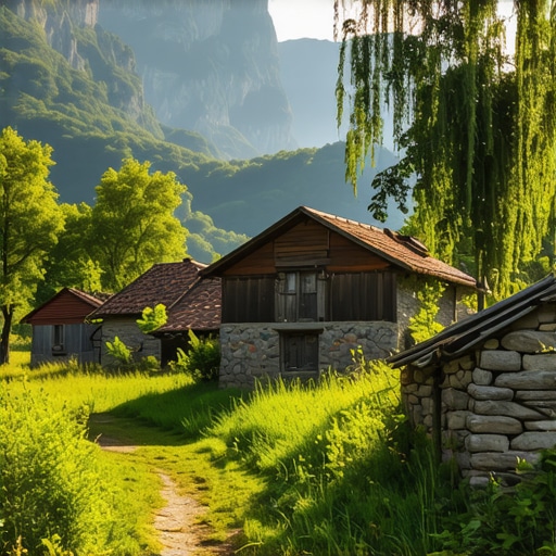 Scenic view of Balkan village surrounded by mountains