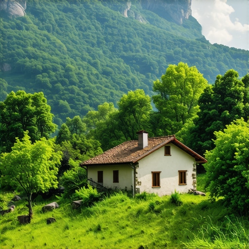 Traditional Balkan village nestled in mountains with lush greenery, peaceful atmosphere