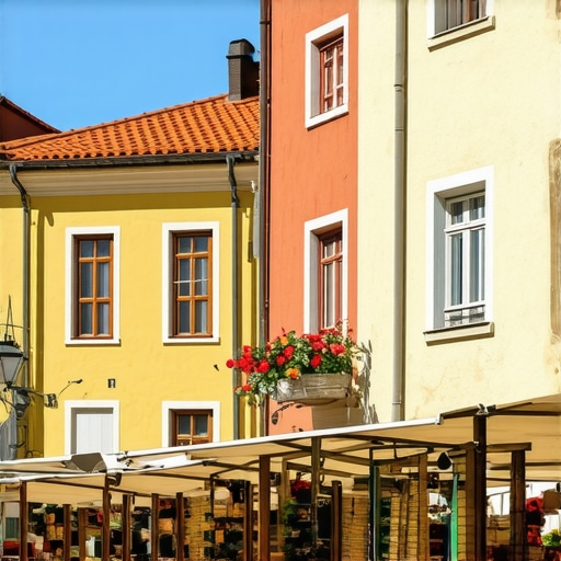 Balkan street market scene Local Balkan market with colorful stalls and traditional architecture