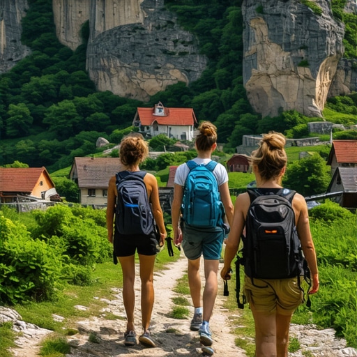 Adventurers exploring secret Balkan spots with lush landscapes and local villages.