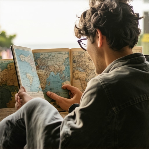 Researching Destinations with Nuance Traveler studying maps and guidebooks with focus on nuanced planning