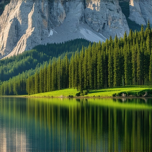 Prikaz mirne jezerske krajine v Biogradski Gori s zelenimi gozdovi in odsevom sončnega zahoda.